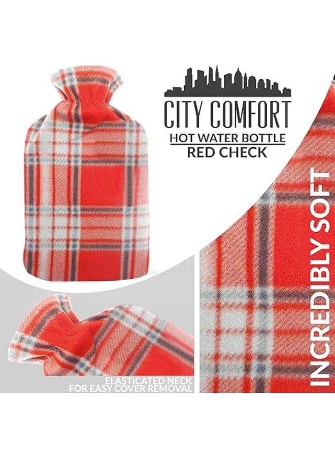 قربة ماء ساخن سعة 2 لتر مع غطاء صوف ناعم بنقشة كاروهات - مطاط طبيعي ممتاز لتوفير الدفء والراحة - لون أحمر ورمادي - Image 4